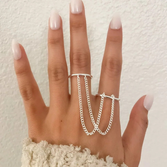 925 Sterling Silver Modern Double Chain Ring Dangle Chain Thin Stackable Ring - Picture 2 of 5